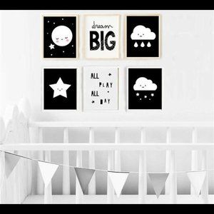 Nursery Wall Art Sun Moon Stars Dream Big Black & White Prints Set of 6